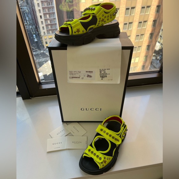 Gucci Aguru Studded Neon Sandals Designer Size 7/ US Women’s Size 10 - Picture 5 of 13